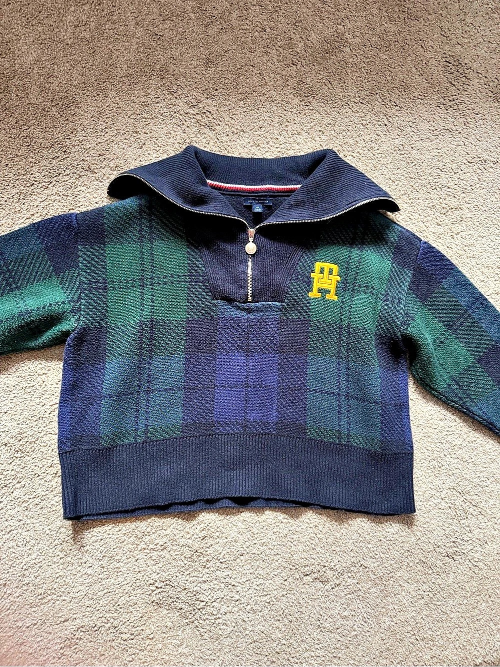 Tommy Hilfiger Plaid Quarter Zip Sweater Blue Green Size L